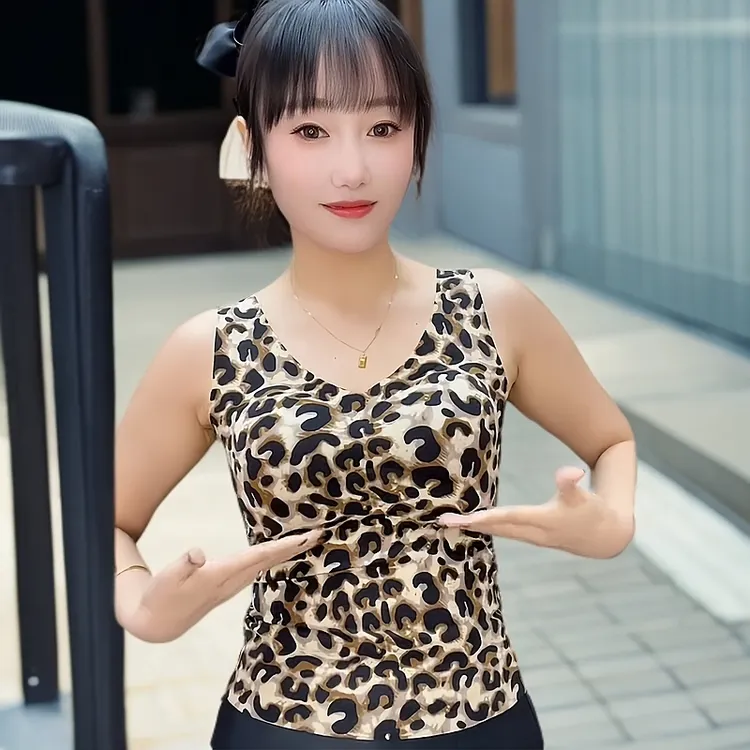 2025秋冬新款加绒豹纹带胸垫保暖背心时尚性感固定杯弹力文胸美背