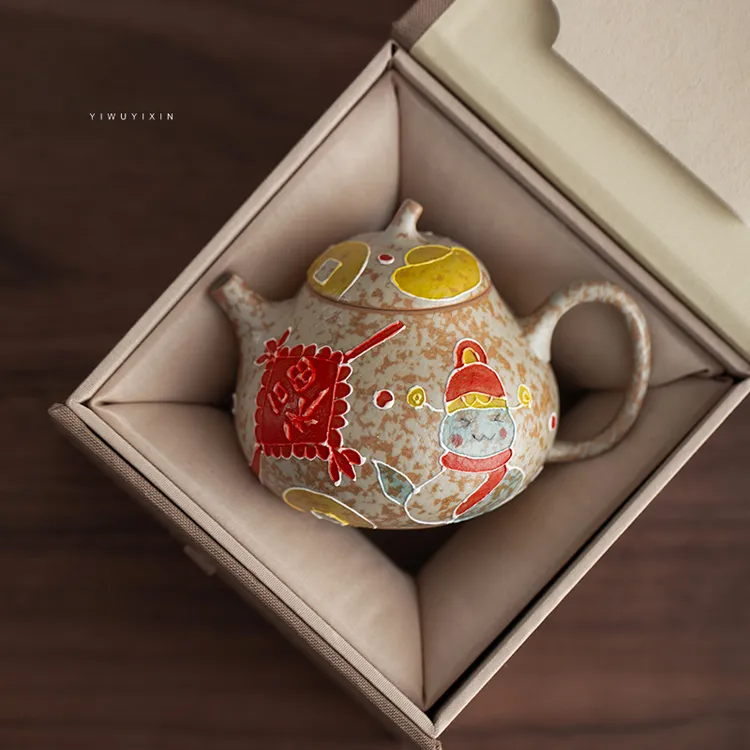 宜物宜心新焦糖色蛇行大运茄段壶手绘陶瓷泡茶壶新年家用功夫茶具