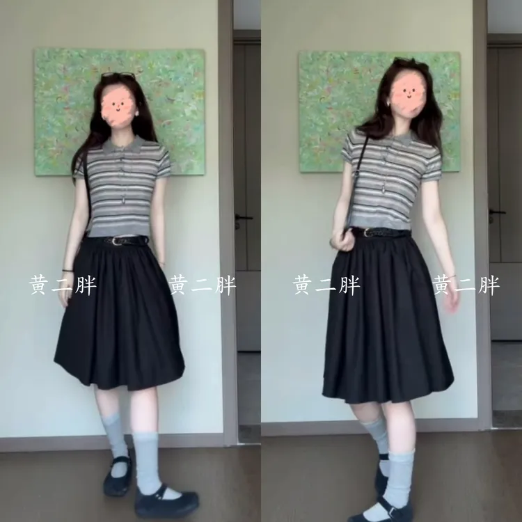 高智感灰条纹polo领短袖T恤女高腰显瘦半身裙减龄套装2025夏新款