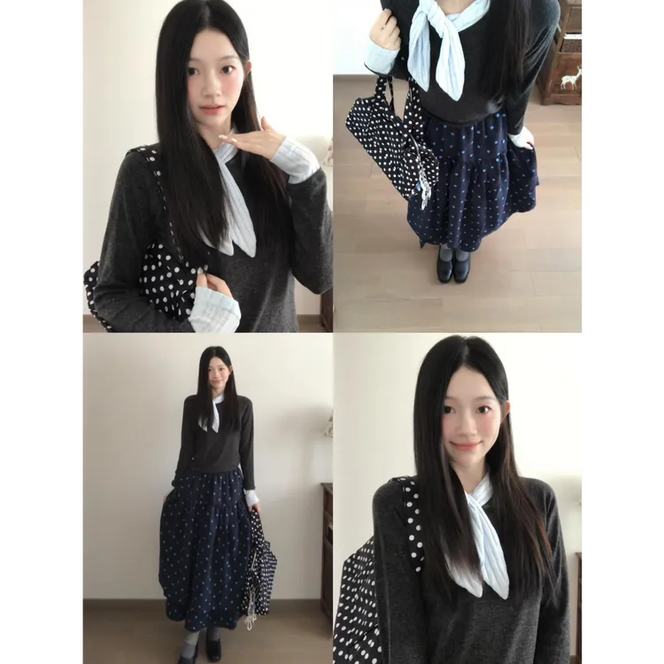 MARIE.COCO甜蜜叙事早秋穿搭领结设计感长袖打底衫法式软糯半身裙