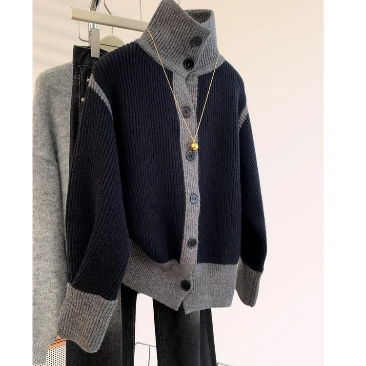 黑色高领毛衣外套女秋冬冬季2025新款慵懒风翻领加厚针织开衫上衣