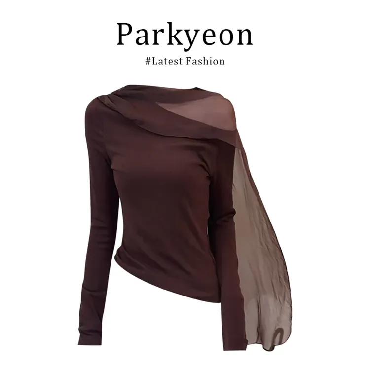 parkyeon美拉德斜肩露肩网纱飘带针织衫女早秋设计感修身显瘦上衣