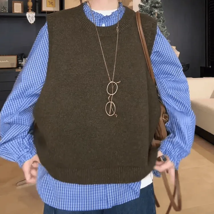 温柔风复古春秋2026套装女圆领针织衫马甲条纹长袖衬衫上衣两件套