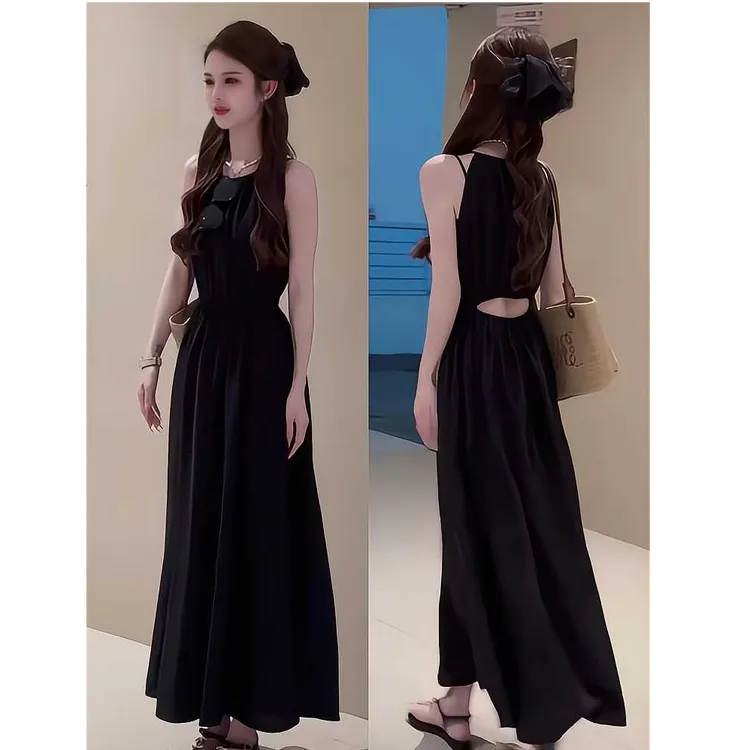 法式黑色无袖背心吊带连衣裙女夏季2025新款高级感后背露腰长裙子