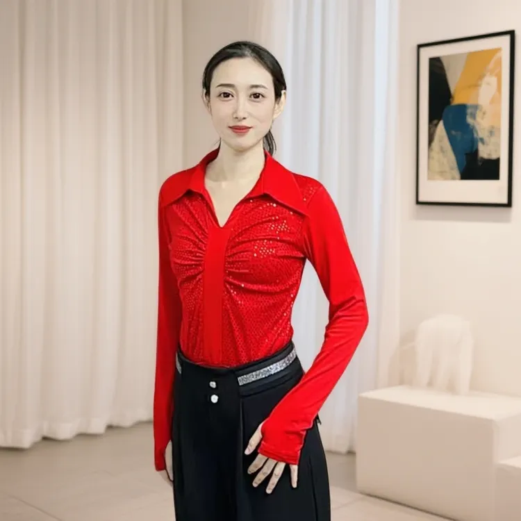 欢舞阁摩登双人舞吉特巴广场舞时尚气质女士V领长袖舞衣A0791