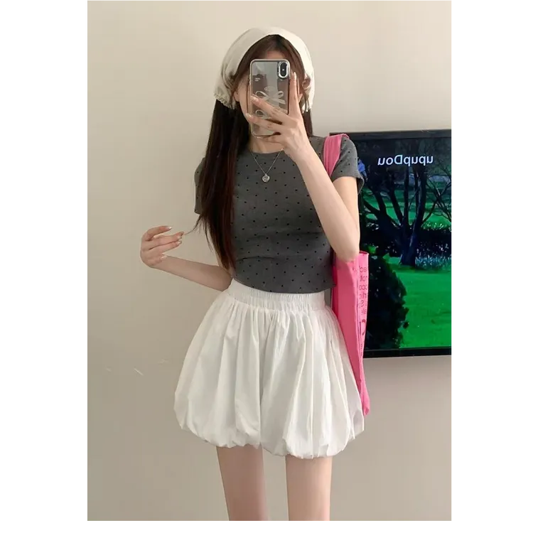辣妹白色花苞短裤女高腰薄款夏季2025年新款阔腿显瘦蓬蓬灯笼裙裤