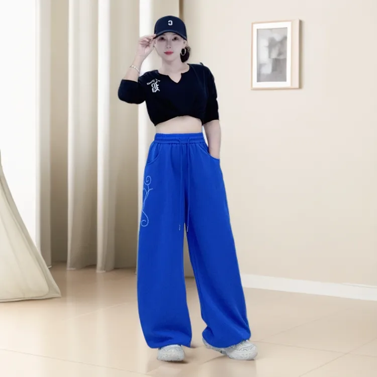 复古重工刺绣阔腿爵士舞裤子千禧玫瑰刺绣街头高腰宽松显瘦休闲裤