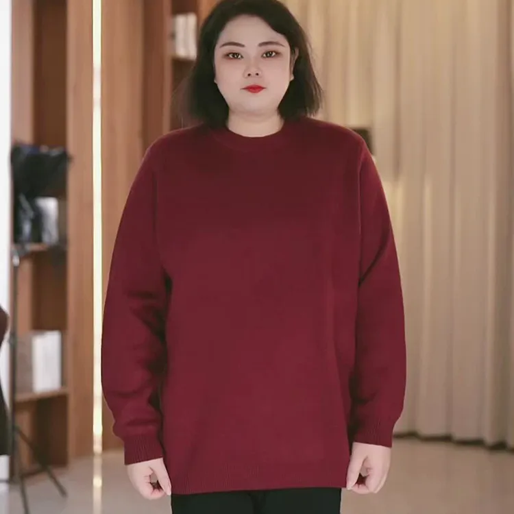 超厚加绒冬季大码女百搭长袖圆领经典毛衣针织衫宽松减龄套头款