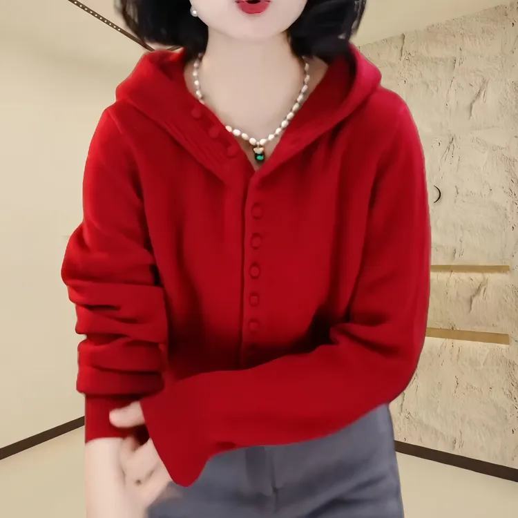 2024冬季新款时尚气质显瘦针织衫洋气显背薄单排包扣连帽上衣女