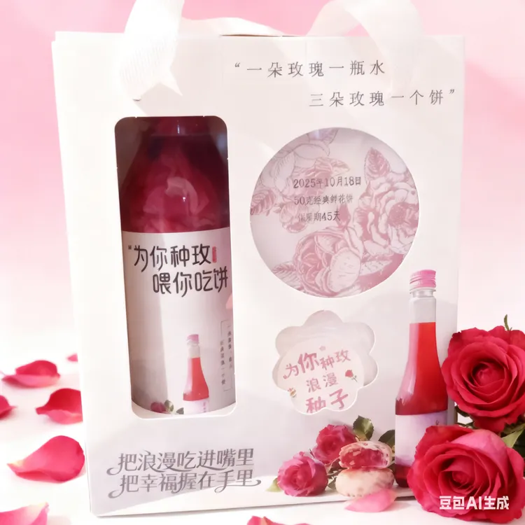 正宗玫瑰花果醋鲜花饼套盒，一瓶玫瑰醋，二个鲜花饼，一袋鲜花种子
