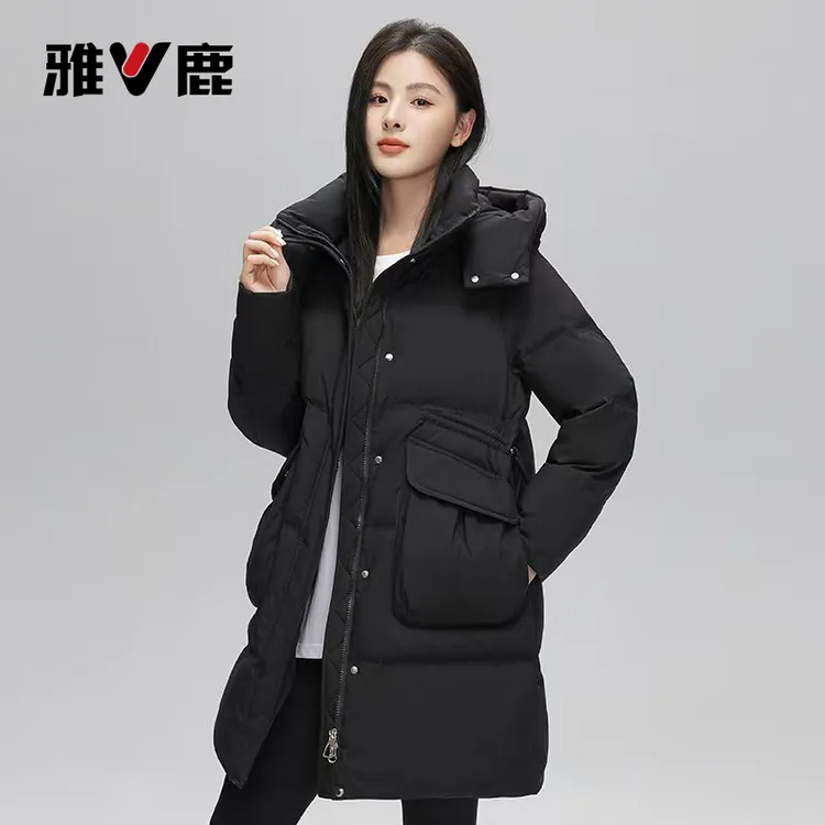 雅鹿正品羽绒服女2025新款连帽中长款加厚过冬可拆卸帽宽松保暖