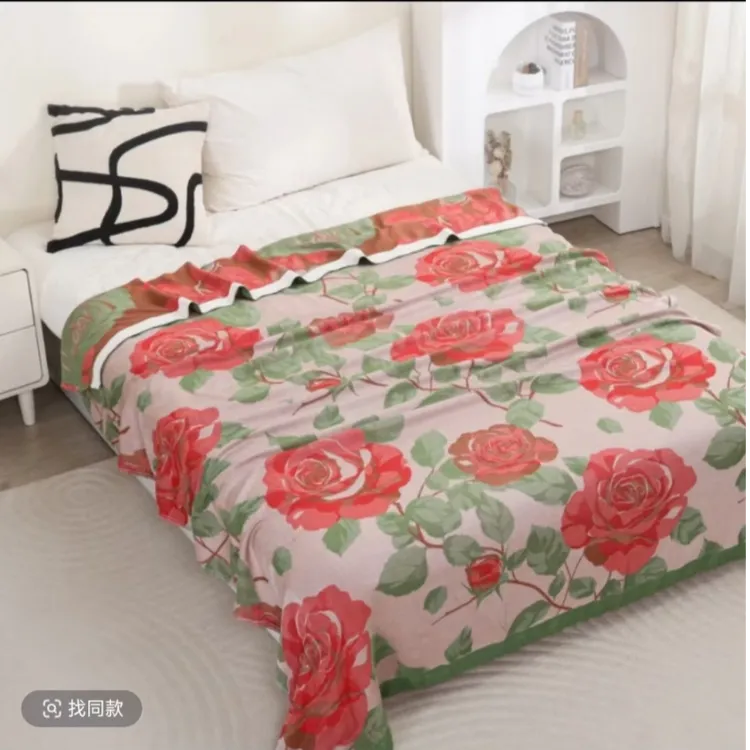 红色繁花150×200竹纤维毯薄款柔软画风单人竹棉毯子毛巾被冷感毯