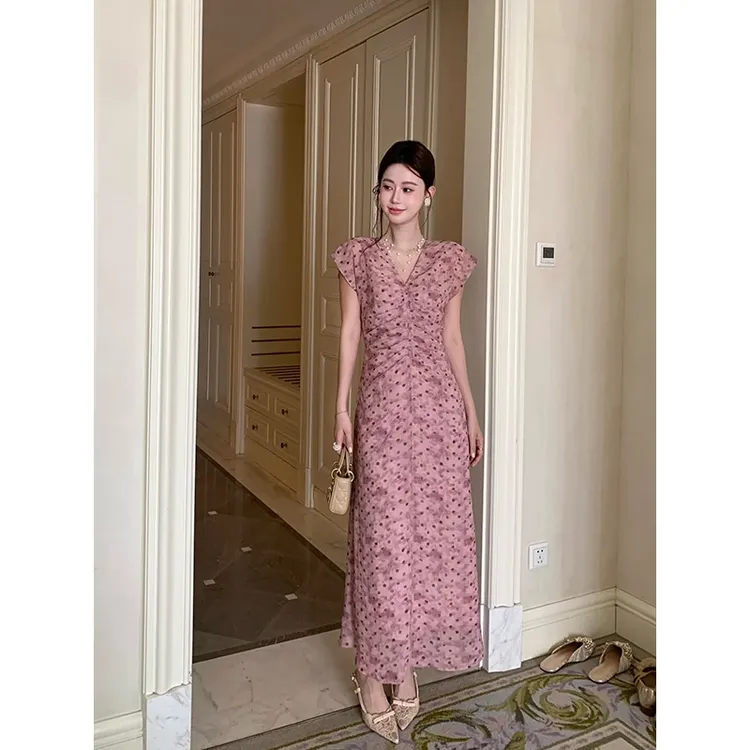 法式浪漫扎染V领收腰短袖波点连衣裙夏季新款显瘦长款名媛裙子女