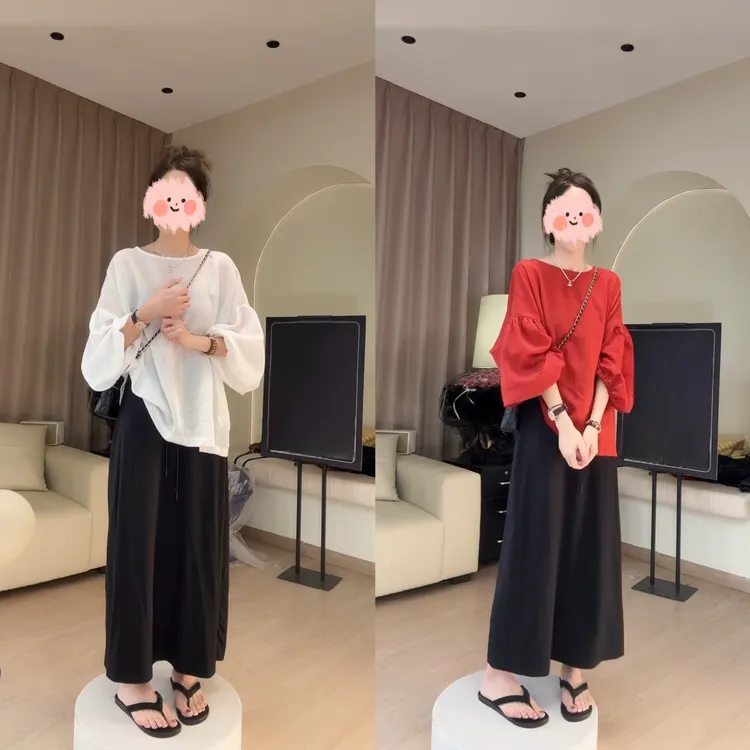 2025夏季新款韩系慵懒圆领落肩灯笼袖防晒罩衫时尚简约半身裙套装