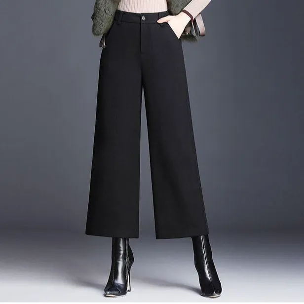 毛呢马丁靴裤子搭配女秋冬季小个子阔腿裤加绒九分休闲直筒裤