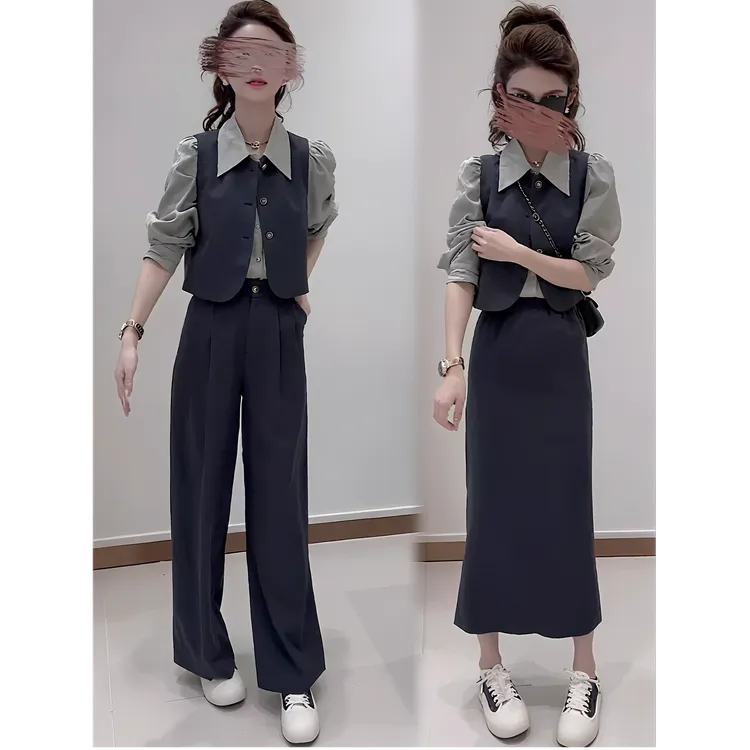 网红减龄套装女2025春季时尚洋气衬衫马甲阔腿裤气质小香风三件套