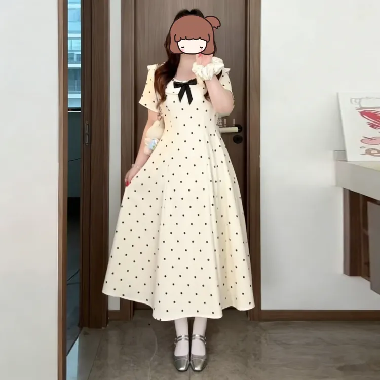 【泡芙小姐】300斤加大码法式波点娃娃领女夏季胖mm显瘦收腰连衣裙
