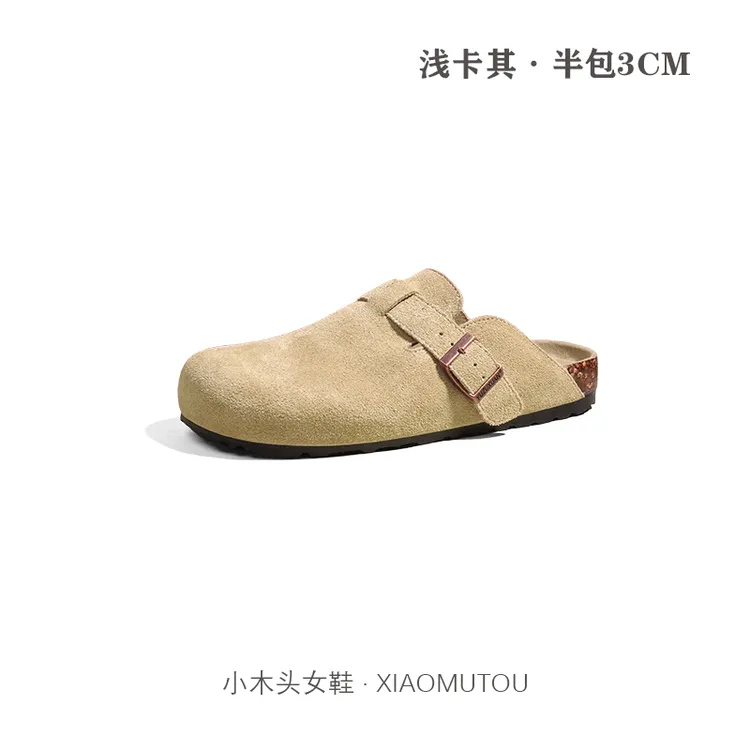 【小木头】牛皮一脚蹬真皮鞋扣带休闲勃肯拖鞋女半拖软木底外穿半包