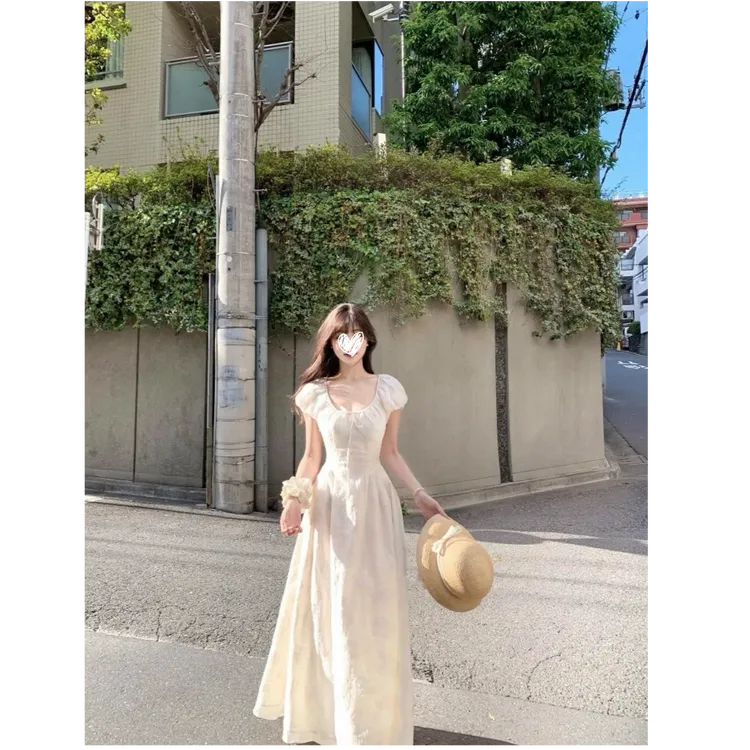 【丁香茉莉】法式气质泡泡袖收腰方领连衣裙女初恋A字裙长裙子21210