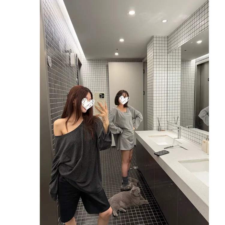【校校专属】宽松慵懒松弛斜肩露肩条纹t恤女秋季套头圆领长袖上衣#Y3121