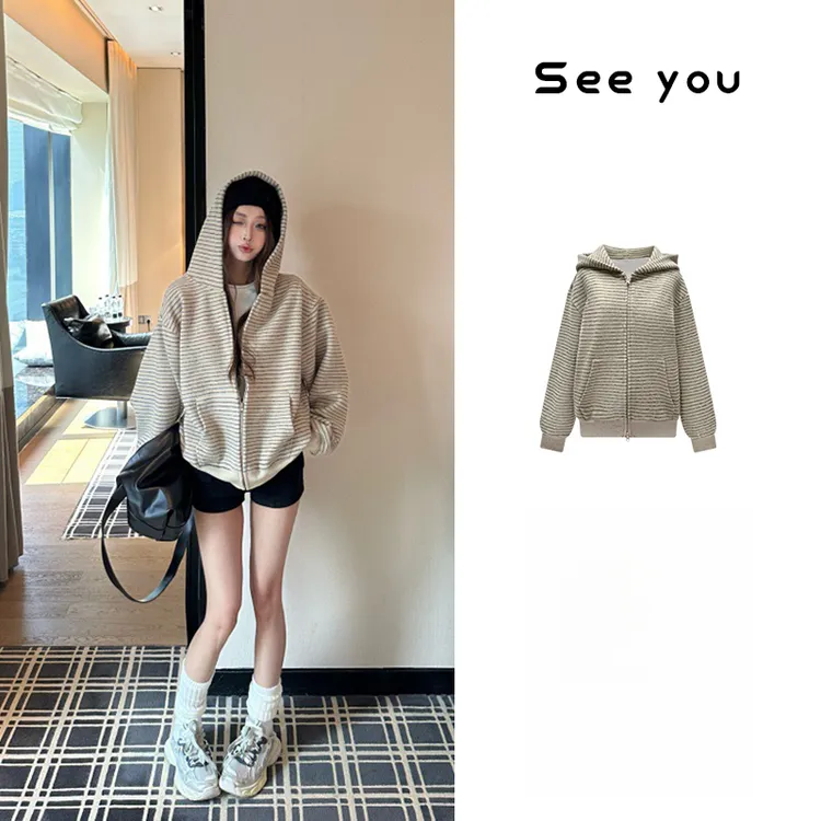 条纹连帽拉链外套小众休闲宽松美式开衫卫衣A1243