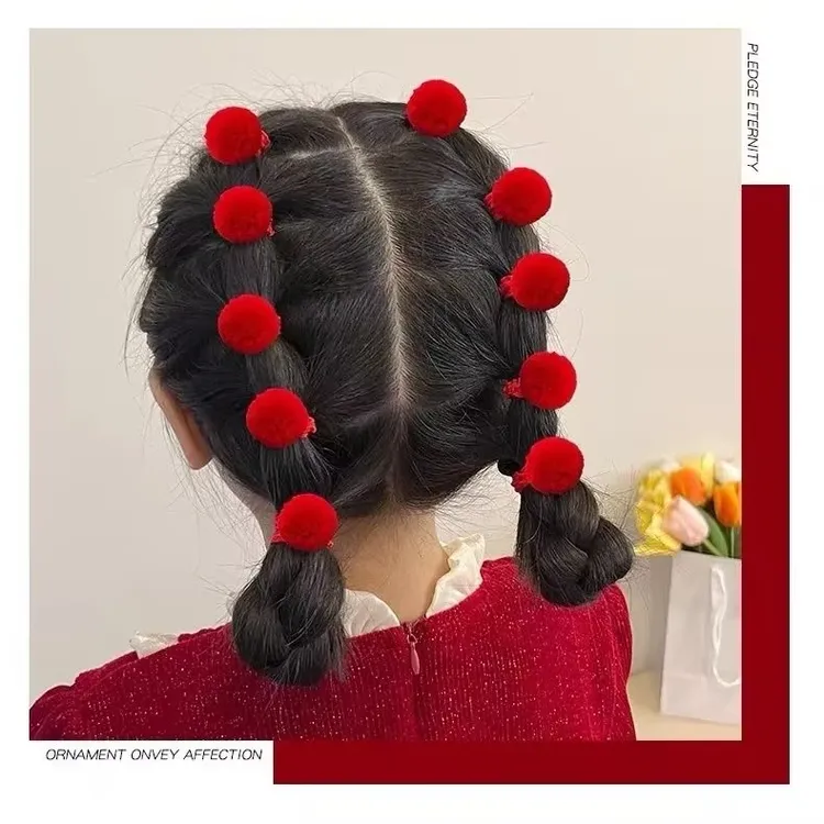 儿童新年红色高弹毛球皮筋女童拜年喜庆扎头发拇指发圈盘发器商品图