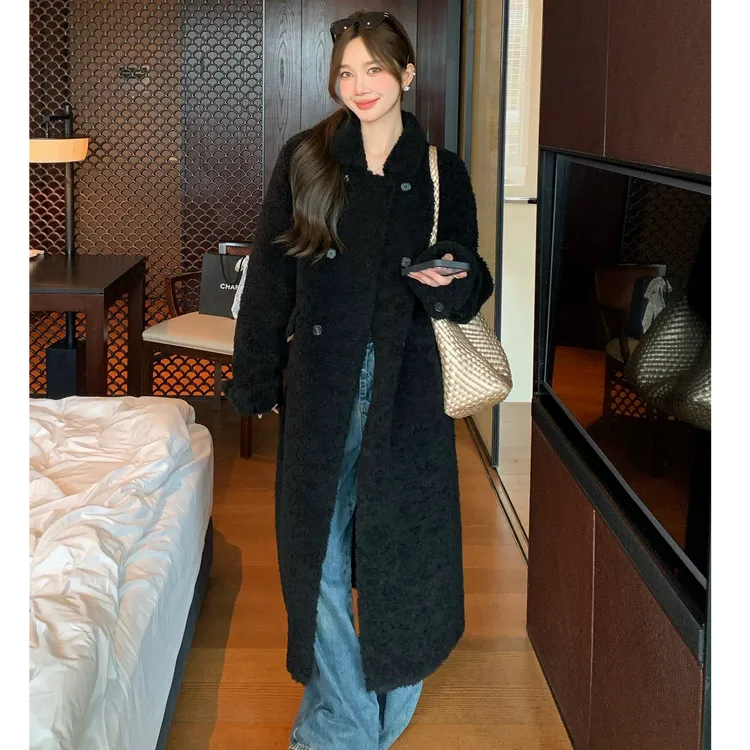 暮色巴黎羊剪绒大衣皮毛一体中长款仿羊羔毛皮草外套2637