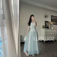 LUOLUOZ【海盐蓝调】高级感气质绝美色系晕染撞色长款连衣裙JF741