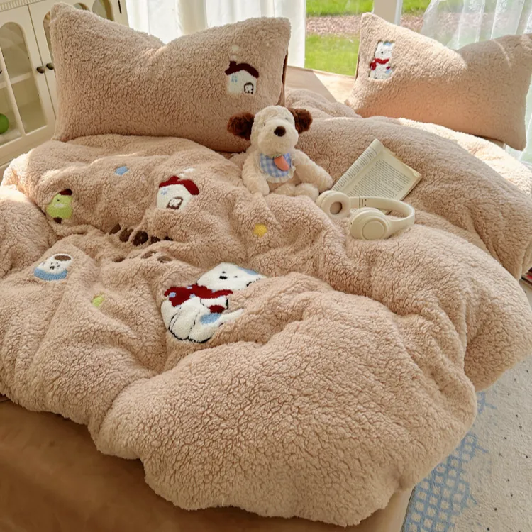 过冬毛巾绣羊羔绒牛奶绒四件套双面绒床上被套珊瑚绒加厚加绒床单