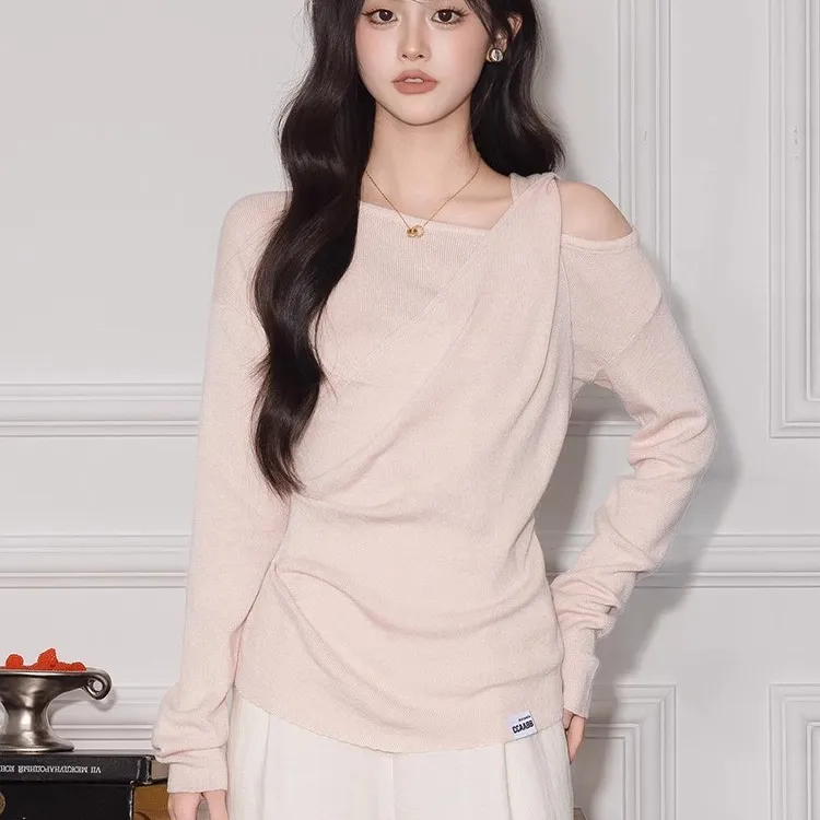 MISU/糜素不规则斜领褶皱长袖T恤女2025秋季新款纯欲风斜肩上衣