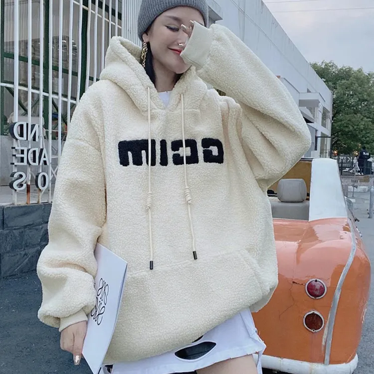 秋冬爆款加绒羊羔毛卫衣女中长款时尚上衣连帽保暖加厚外套