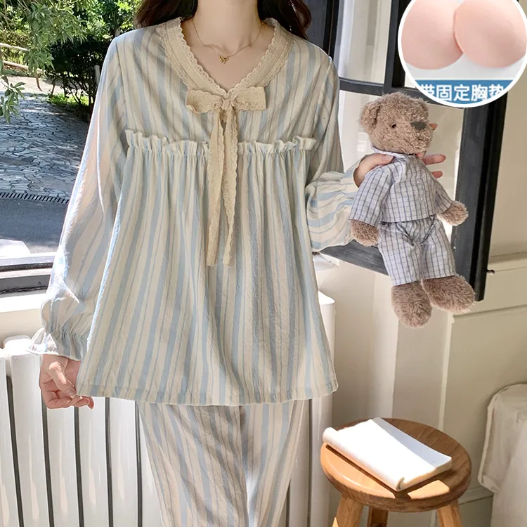 睡衣女款春秋季新款带胸垫甜美条纹长袖长裤冬天可外穿家居服套装