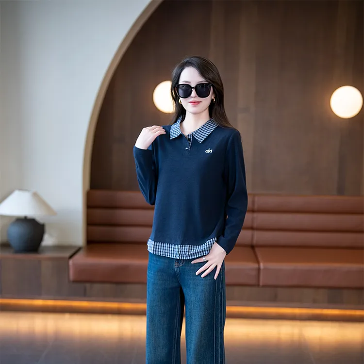 25年秋新款长袖假两件短上衣拼色格领宽松时尚气质显瘦衬衫