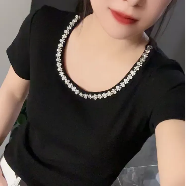 黑色方领重工镶钻短袖t恤女2025夏季新款修身显瘦设计感内搭上衣