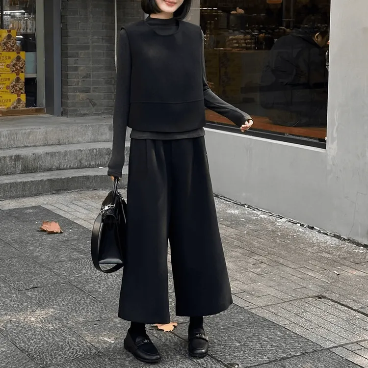 高级感秋冬休闲套装女时尚叠穿马甲背心长袖打底上衣阔腿裤三件套