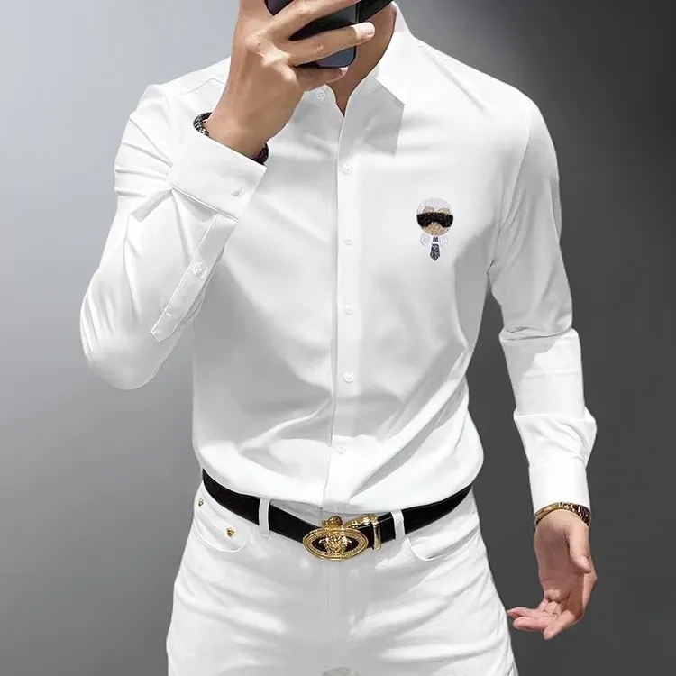 高端欧货潮牌小怪兽老佛爷徽章休闲免烫长袖衬衫抗皱免烫白衬衣