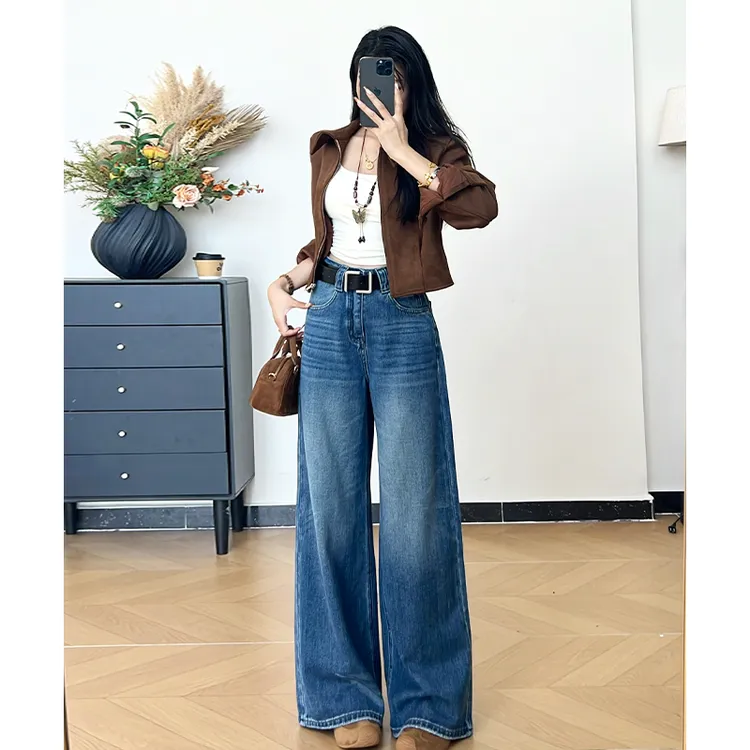 乔栈复古阔腿牛仔裤女秋冬新款高腰设计感显瘦垂感百搭小个子直筒