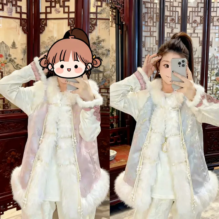 Bai大码【解语花】国风新中式胖mm盘扣毛领马甲2444