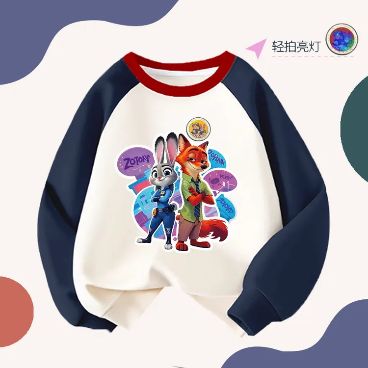 发光疯狂动物城衣服男童加绒加厚卫衣秋冬装儿童纯棉亮灯拼色上衣