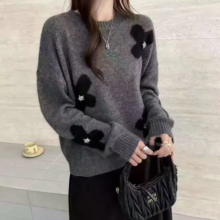 秋冬毛针织衫套头圆领长袖气质轻奢百搭宽松花朵嵌花上衣女1461