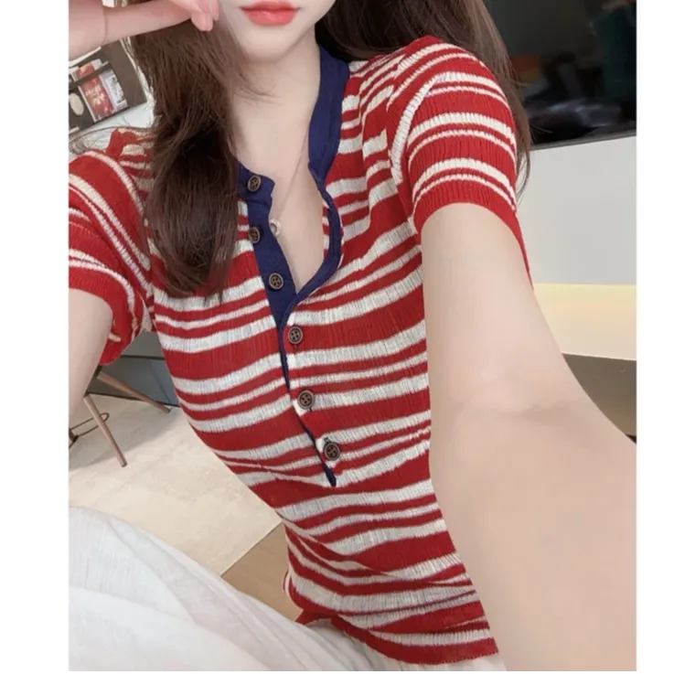 短袖T恤女2025夏季新款洋气时尚条纹上衣凉感显瘦短袖针织衫H8-44