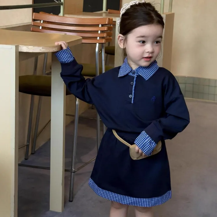 女童休闲套装丈青色女宝韩版时尚潮流格子假两件polo衫卫衣半身裙