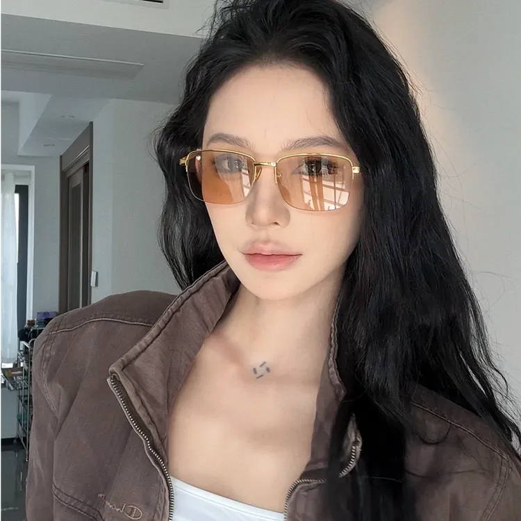 大框茶色天然水晶石头镜半框拉丝眼镜大方圆浅茶修饰脸男女同款