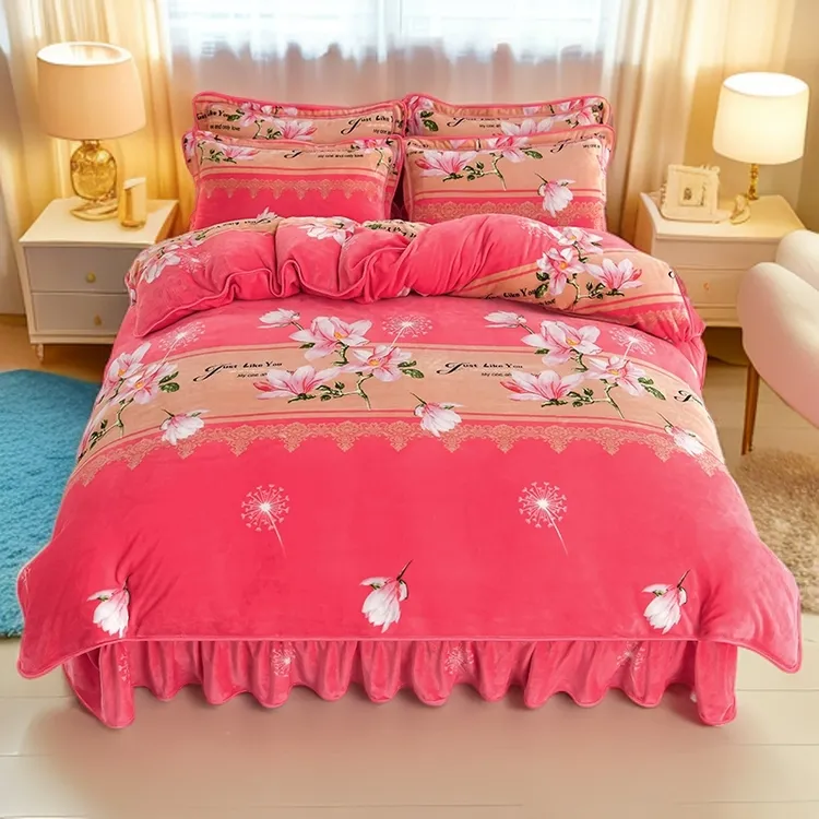 新款加厚牛奶绒四件套加绒床裙款印花被罩双面绒床上用品