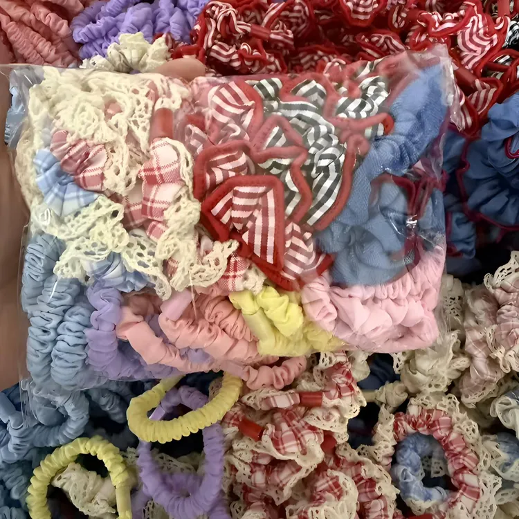 红蓝格纹花边牛仔发圈 时尚百搭少女甜酷发绳扎发皮筋高马尾头饰 