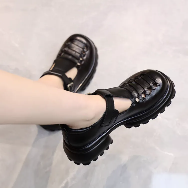 一字式扣带胶粘包头纯色罗马凉鞋厚底凉鞋女鞋小众镂空