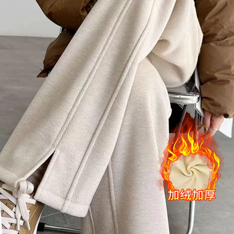 加绒加厚窄版直筒高腰阔腿裤人字纹开叉2025冬季时尚女裤宽松百搭