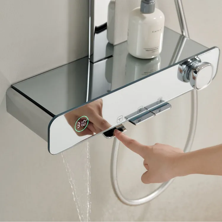 【慕梵卫浴】新款带数显钢琴键多功能镀铬卫生间淋浴置物花洒套装