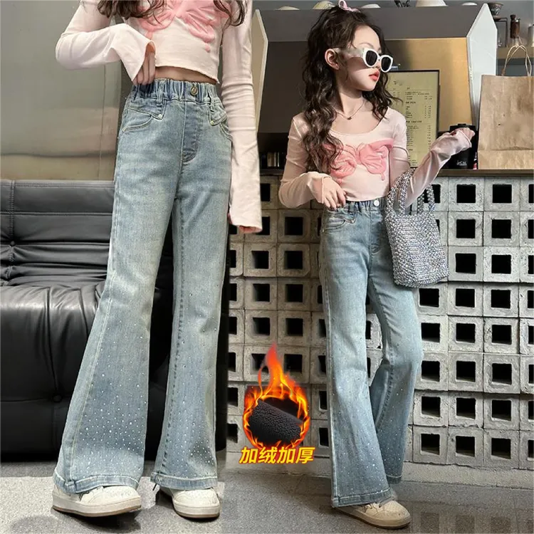 女童加绒牛仔裤烫钻喇叭裤冬季时尚新款中大童女孩韩范弹力长裤潮