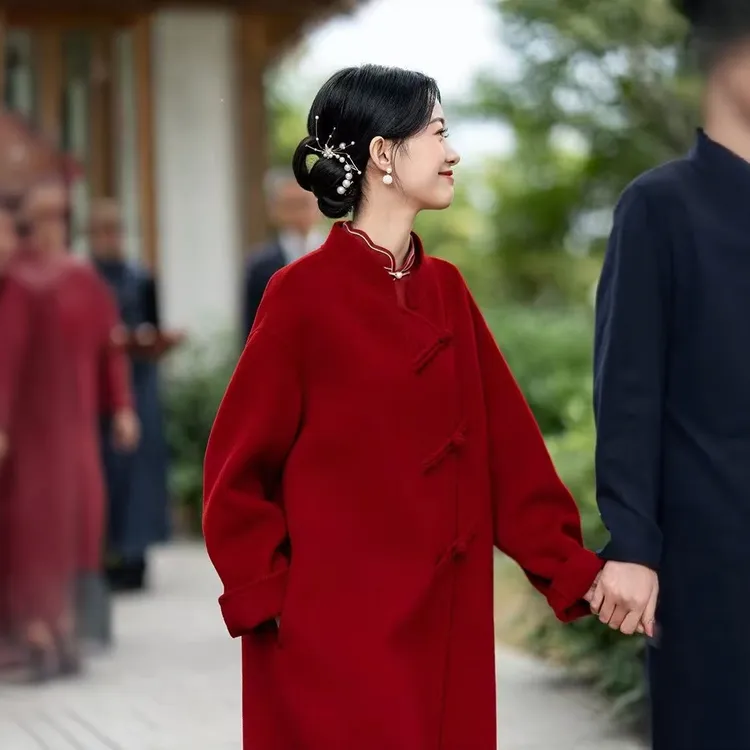 新年红色中式风双面羊绒大衣女2025秋冬季新娘结婚回门羊毛呢外套